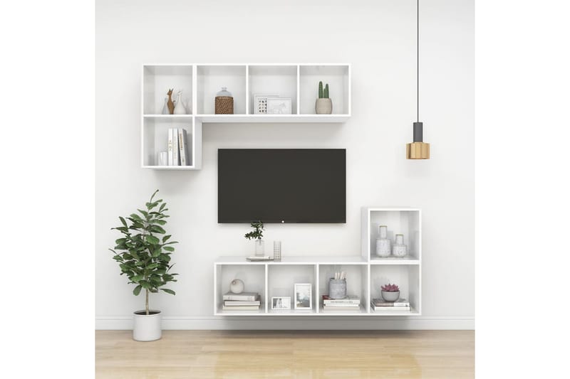 Vegghengt TV-benk høyglans hvit 37x37x142,5 cm sponplate - Hvit - Bokhylle