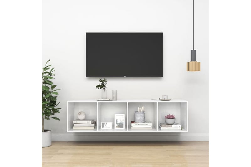 Vegghengt TV-benk høyglans hvit 37x37x142,5 cm sponplate - Hvit - Bokhylle