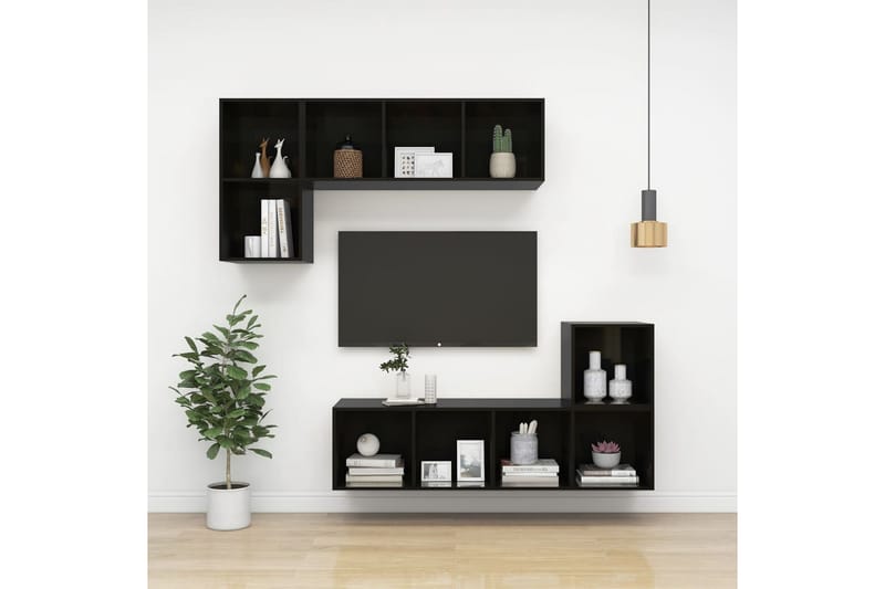 Vegghengt TV-benk høyglans svart 37x37x142,5 cm sponplate - Svart - Bokhylle