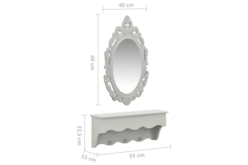 Nøkler & smykker vegghyllesett med speil og kroker grå - Grå - Vegghylle