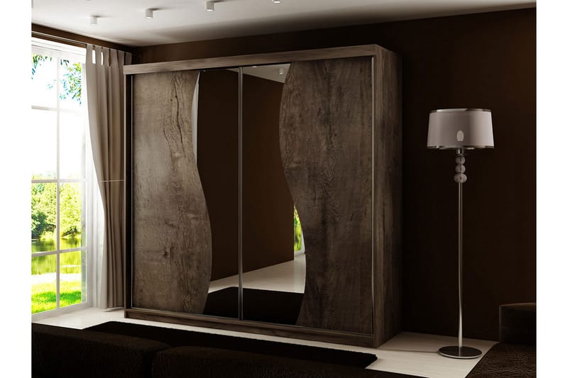 Dunkra Garderobe med Speil LED-belysning Blå 200 cm Bue - Mørk Aske - Garderober & garderobesystem - Garderobeskap & klesskap